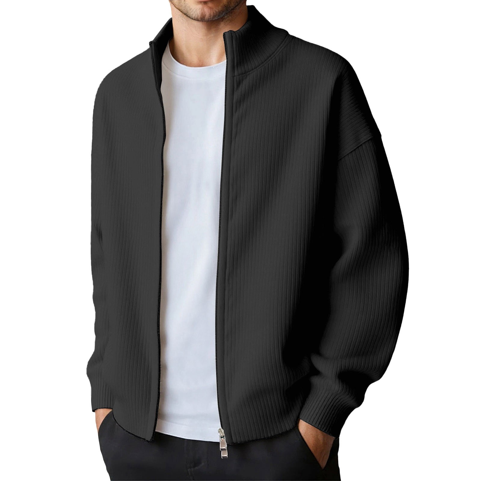 Jacket Without Hand Rib Kureaily Winter Solid Color Rib Knit Double Zipper Casual Jacket ...