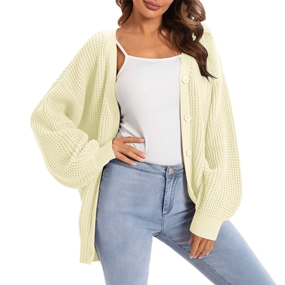 Kureaily Women Casual Cardigan Sweater Coat Button Down Long Sleeve Oversized Knit Cardigans Solid Color Cardigan