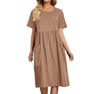 Kureaily Women Casual Fashion Solid Color Button Crew Neck Short Sleeve Shirt Dress