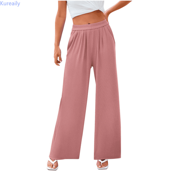 Kureaily Women Casual Knitted Ribbed Hight Waist Solid Color Long Pants Trousers With Pockets Beach Lounge Pants