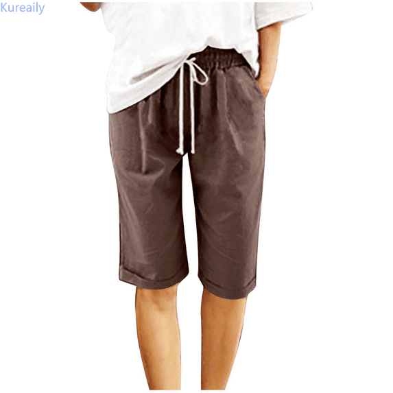 Kureaily Women Casual Shorts Drawstring Comfy Elastic Waist Shorts Mid Rise Slim Fit Cuffed Hem Short With Pockets