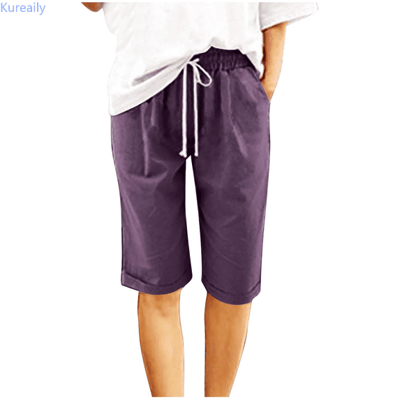 Kureaily Women Casual Shorts Drawstring Comfy Elastic Waist Shorts Mid Rise Slim Fit Cuffed Hem Short With Pockets