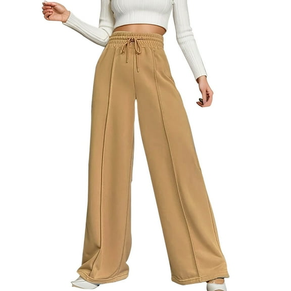 Kureaily Women Casual Solid Color Hight Waist Drawstring Adjustable Waist Long Pants Loose Wide Leg Pants Women's Wide Leg Pants