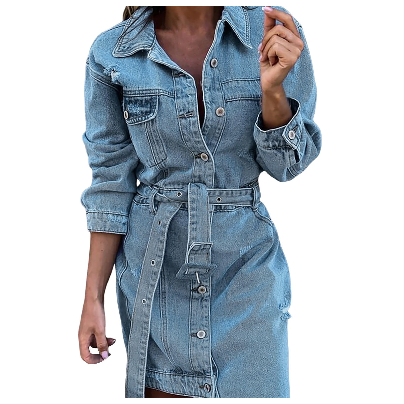Casual Luvamia Women's Denim Shirt Dress - Distressed Raw Hem Button Down  Casual Button Down Dress
