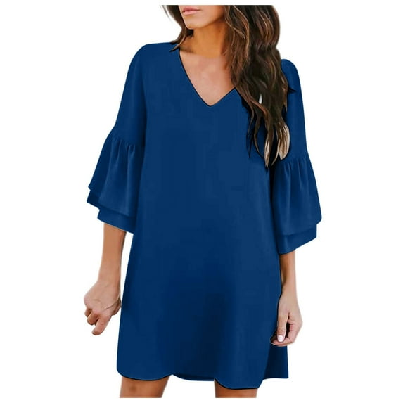 Kureaily Women Fashion Loose Casual Solid Color V Neck Five Quarter Sleeve Flared Sleeve Dress