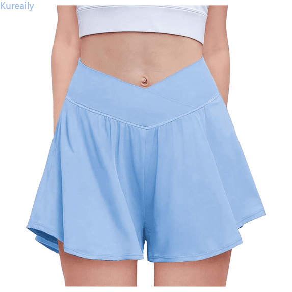 Kureaily Women Flowy Shorts with Spandex Liner V Crossover 2 in 1 Athletic Running Shorts with Pockets Skorts