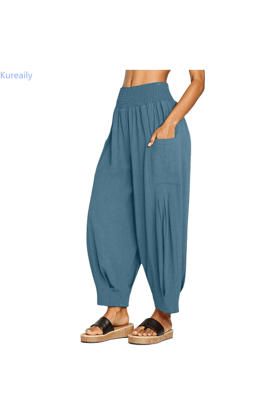 Women Linen Boho Pants Baggy Harem Pants Summer Loose Wide Leg Trousers High Waisted Beach Vacation Pants With Pocket Women Stretchy Trousers