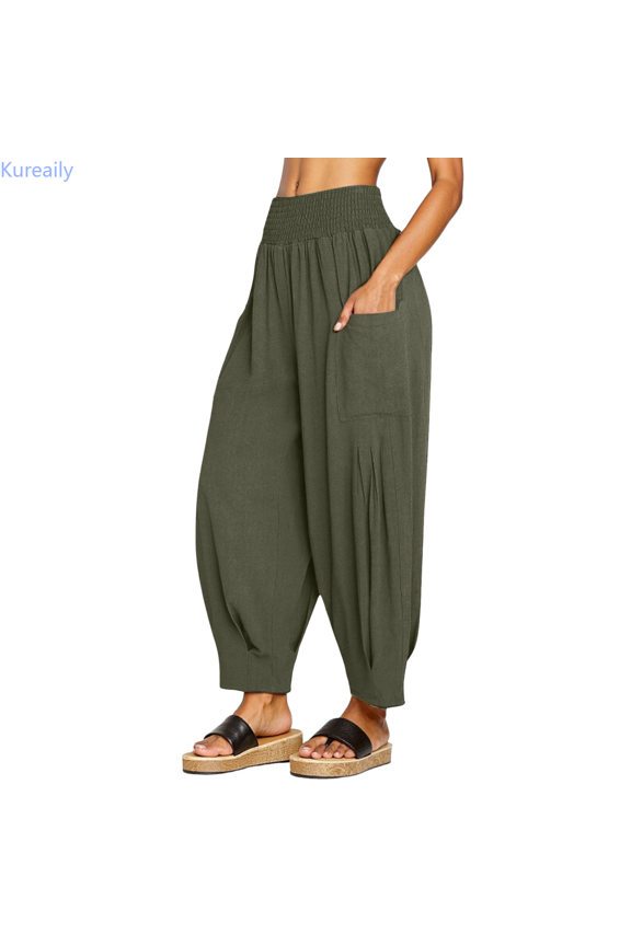 Women Linen Boho Pants Baggy Harem Pants Summer Loose Wide Leg Trousers High Waisted Beach Vacation Pants With Pocket Beach Lounge Pants
