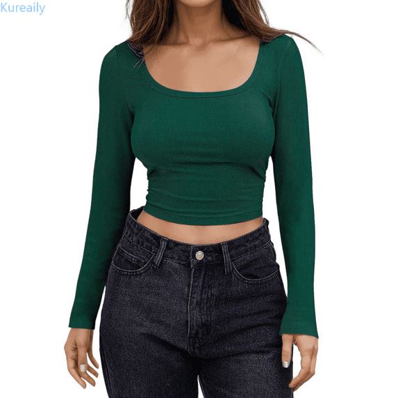Kureaily Women Long Sleeve Backless Crop Tops Square Neck Bodycon Shirts Cut Out Pullover Streetwear Basic Summer Tees