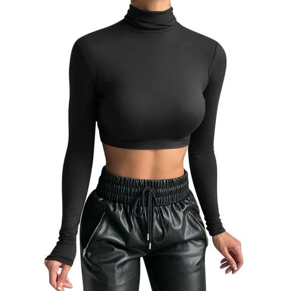 Kureaily Women Long Sleeve Crop Top Turtleneck Cropped Tops Shirt Basic Summer Tees