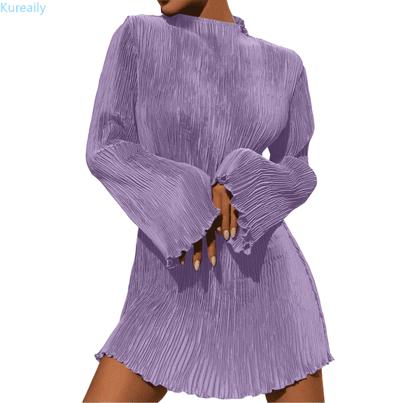 Kureaily Women Long Sleeve Velvet Dress Crew Neck Slim Fit Short Ruched Bodycon Party Club Mini Dresses Women's Nightgown