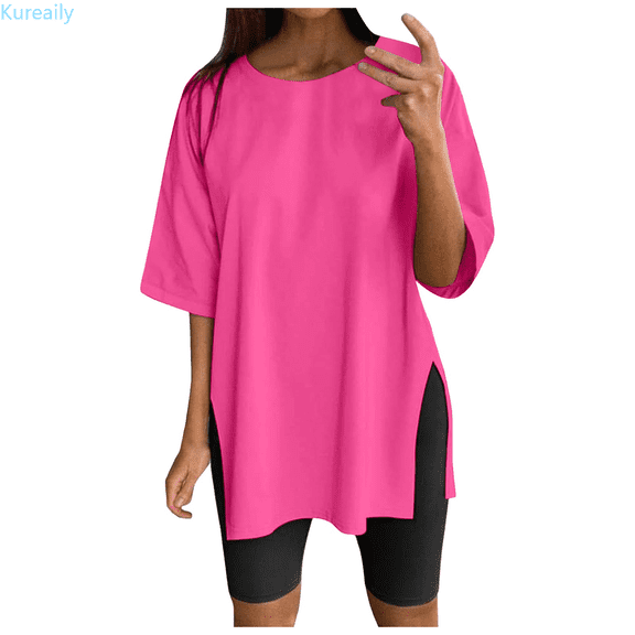 Kureaily Women Oversize Sports Shirt Short Sleeve Blouses Summer Loose Tops Functional Shirt Tunic Loose With Slits Solid Color T shirt
