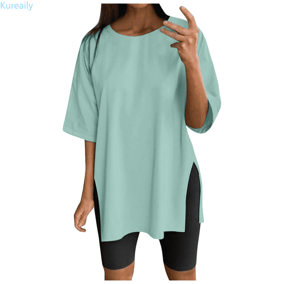 Kureaily Women Oversize Sports Shirt Short Sleeve Blouses Summer Loose Tops Functional Shirt Tunic Loose With Slits Summer Lightweight T-Shirts
