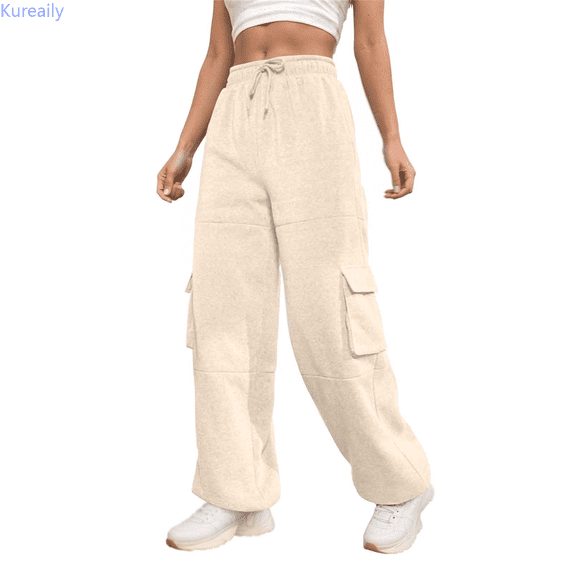 Kureaily Women Solid Casual High Waist Lace Up Workwear Pocket Straight Leg Sweatpants Work Casual Pants