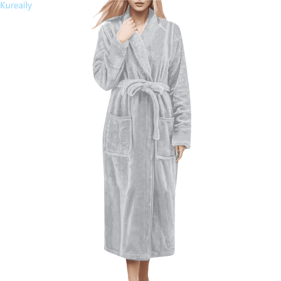 Kureaily Women Solid Color Coral Bathrobe Winter Long Sleeve Pocket Belt Cardigan Flannel Nightgown Nightshirt Soft Pajamas