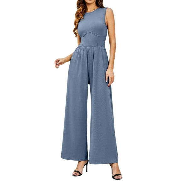 Kureaily Women Solid Sleeveless Wide Leg Jumpsuit Dressy Ribbed Jumpsuit With Summer Tank Romper Women Casual Jumpsuit