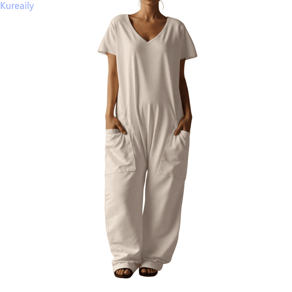 Kureaily Women Solid V Neck Casual Comfortable Loose Oversized Pocket Low Grade Jumpsuit Women Lightweight Jumpsuit