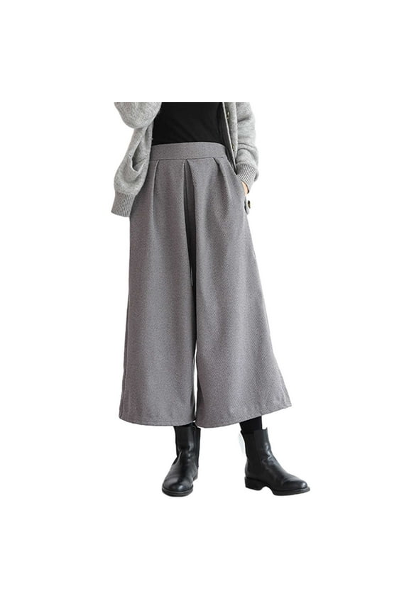 Women Solid Woolen Culottes Loose Wide Leg Pants Nine Quarter Pants Women Summer Pants