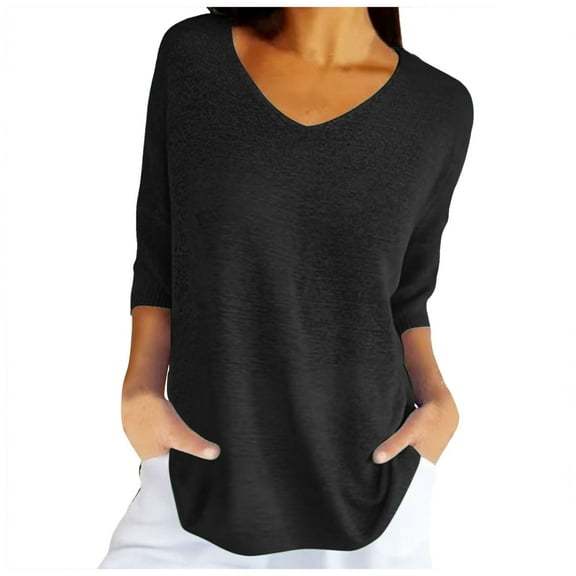 Kureaily Women Spring Casual 3/4 Sleeve Solid Color V Neck Loose Pullover Knit Fall Sweaters Tops Casual Summer Tees