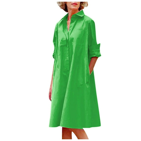 Kureaily Women Spring Summer Casual Solid Color Lapel Button Long Shirt Dress