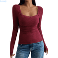 thumbnail image 1 of Kureaily Women Square Neck Lace Trim Cropped T Shirt Slim Fit Low Cut Long Sleeve Lace Patchwork Tee Tops Outfits Soft Basic Tees, 1 of 6