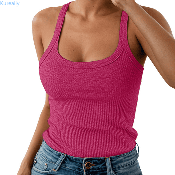 Kureaily Women Strap Scoop Neck Ribbed Tank Tops Slim Fitted Cotton Camisole Basic Sleeveless Layering Shirts