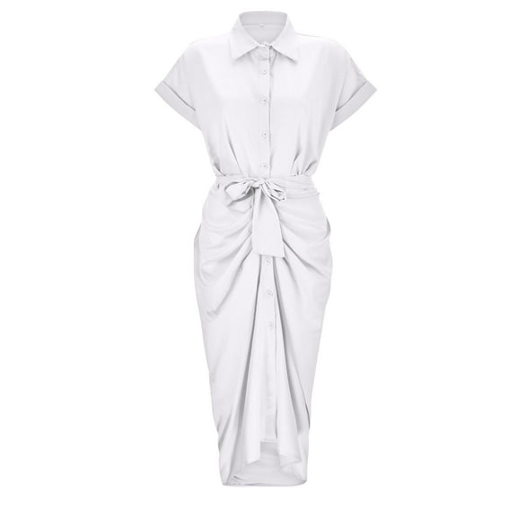 Kureaily Women Summer Elegant Solid Color Short Sleeve Belted Shirt Dress Womens Dresses Casual Maxi Dress for Women