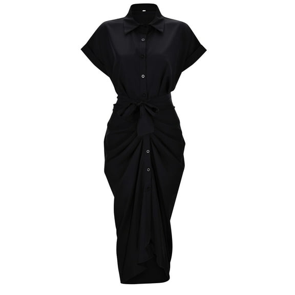Kureaily Women Summer Elegant Solid Color Short Sleeve Belted Shirt Dress Womens Dresses Casual Maxi Dress for Women