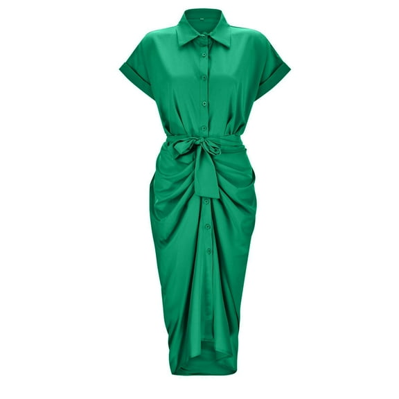Kureaily Women Summer Elegant Solid Color Short Sleeve Belted Shirt Dress Womens Dresses Casual Maxi Dress for Women
