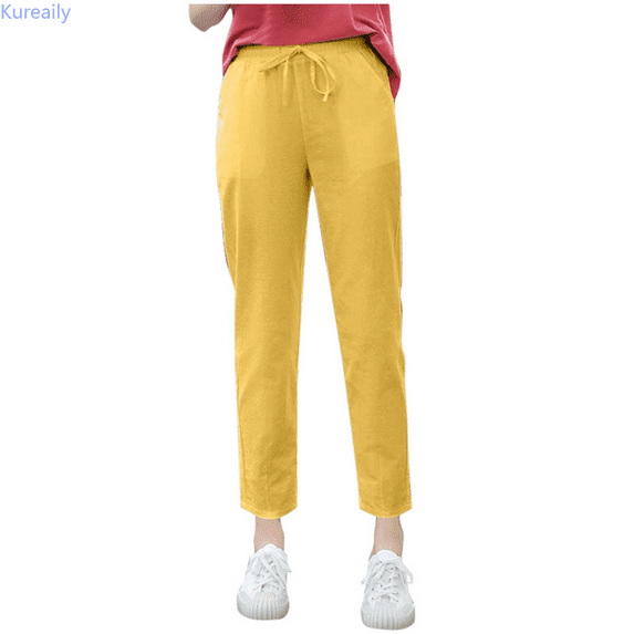 Kureaily Women Summer High Waisted Cotton Palazzo Pants Wide Leg Long Pant Trousers With Pocket Women Casual Pants