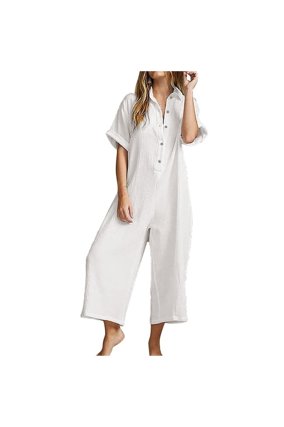 Women Summer Short Sleeve Button Down Pockets Jumpsuits Rompers Women Casual Jumpsuit