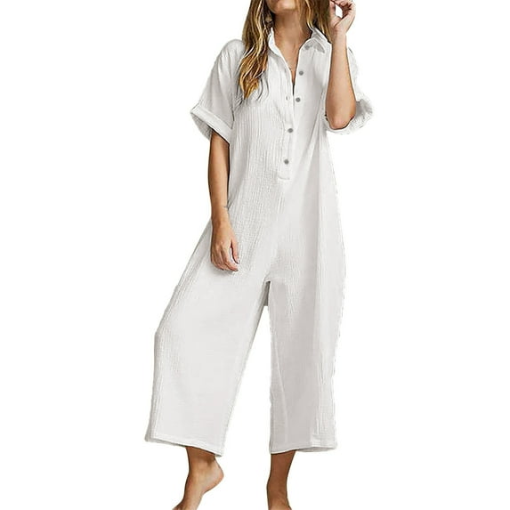 Kureaily Women Summer Short Sleeve Button Down Pockets Jumpsuits Rompers Women's Casual Trousers