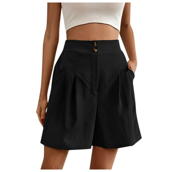 Kureaily Women Summer Solid Color Loose Breathable Semi Elastic Waist Casual High Waist Wide Leg Shorts