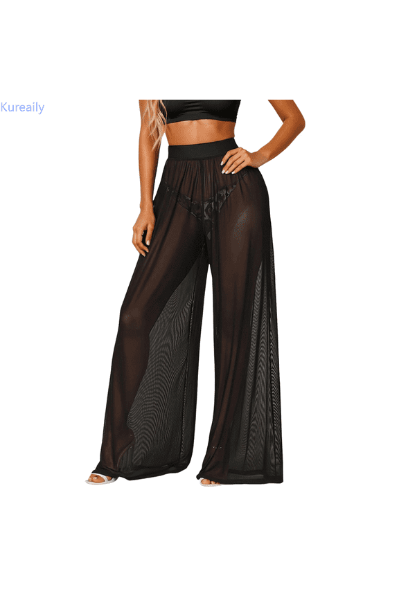 Women Wide Leg Sheer Mesh Sheer Loose Swimsuit Beach Pants High Waisted Bikini Bottoms With Straight Bottom Long Pants Women Casual Pants