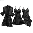 thumbnail image 1 of Kureaily Women's 4pcs Sleepwear Satin Lace Pajama Set with Robe Sleepwear Lace Shorts Loungewear, 1 of 6