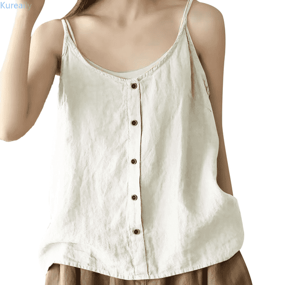 Kureaily Women's And Linen Button Down Vest Summer Vintage Blouse Cotton Tank Top