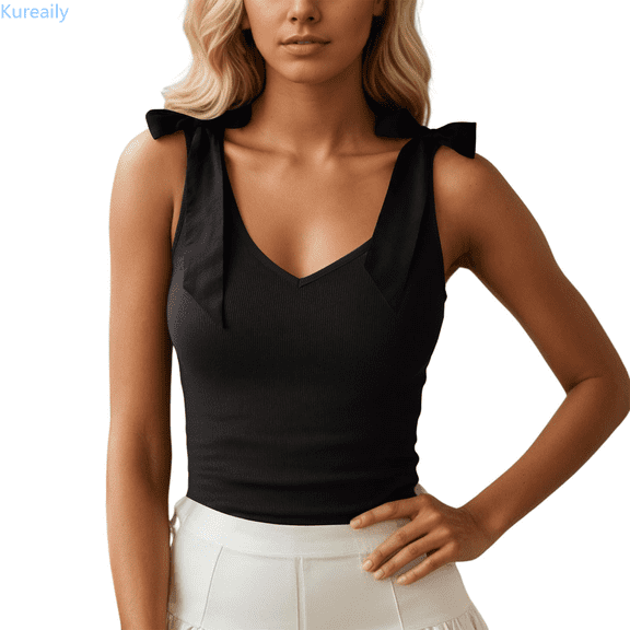 Kureaily Women's Basic V Neck Tank Tops Sleeveless With Tie Strap Casual Comfortable Stretch Fit For Everyday Wear Vacation Basic Sleeveless Tank Tops