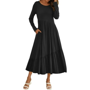 Kureaily Women's Big Size Long Sleeve Dress Loose Plain Casual Summer Flowing With Pockets Layered Long Dresses