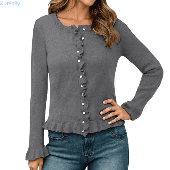 Kureaily Women's Cardigan Knit Sweater Open Front Layered Lace Trim Long Sleeve Casual Outwear For Fall Winter Daily Wear Comfortable Soft Yarn Loose Cardigan Coats