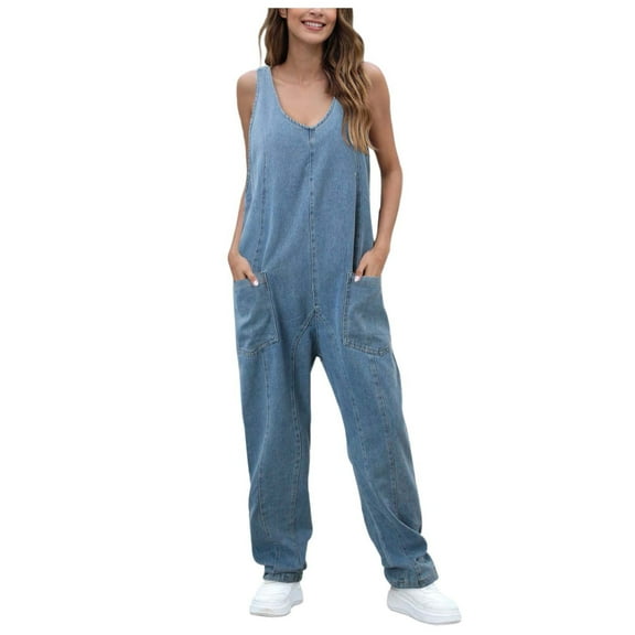Kureaily Women’s Casual Denim Overall Jumpsuit – Stylish Utility Design With Adjustable Straps Comfortable Fit For Everyday Wear Beach Lounge Jumpsuit