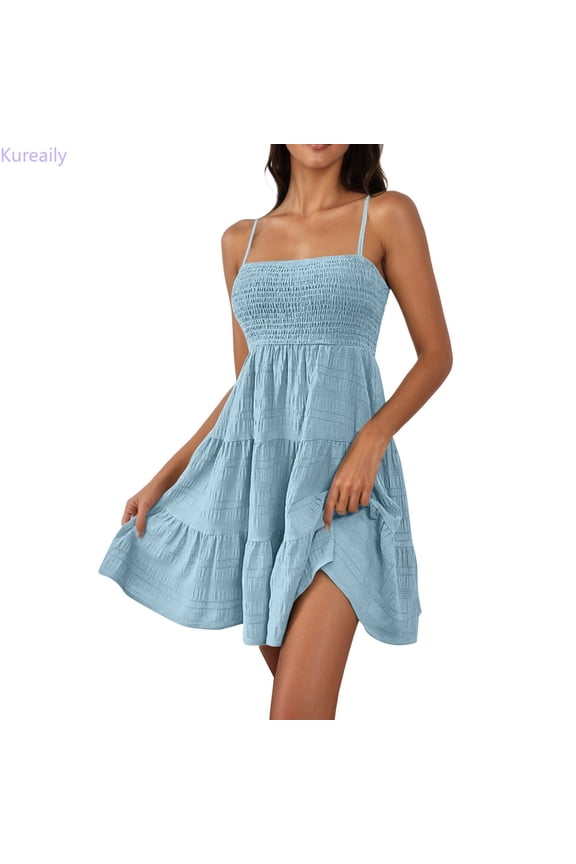 Women's Casual Dress Sleeveless Mini Textured Strapless For Daily Wear Spring Summer Basic Solid Color Women Casual Sundress (Light Blue)