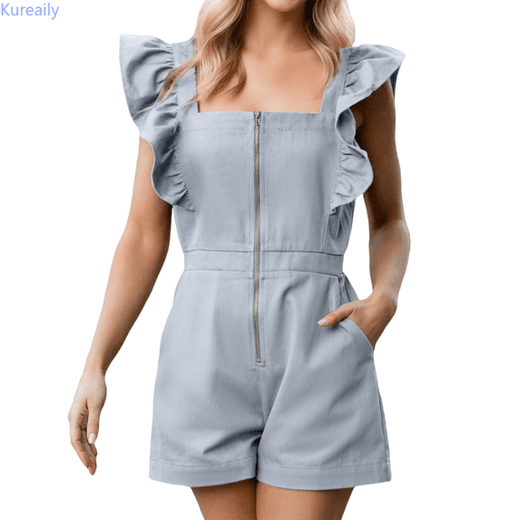 Kureaily Women's Casual Jumpsuit Loose Fit Summer Romper With Flutter Sleeves For Daily Wear Home Comfortable Outfit Beach Lounge Jumpsuit