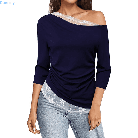 Kureaily Women's Casual Long Sleeved Off The Shoulder Slim Crop Top Lace Knit Panel Side Pleated T Shirt Tees T-Shirts for Women