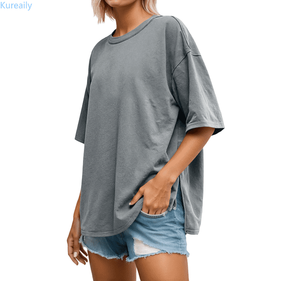Kureaily Women's Casual Loose Fit Patch Back Design Short Sleeve Round Neck T Shirt Comfortable Pure Color Blouse Top For Daily Wear Loose Fit T Shirts