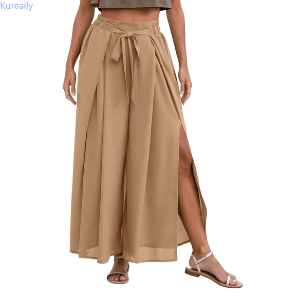 Kureaily Women's Casual Wide Leg Palazzo Pants Flowy Comfortable Soft Breathable Stretchy Elastic Waist Summer Spring Fall Everyday Wear Women Stretchy Trousers