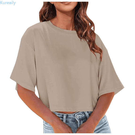Kureaily Women's Crew Neck Cropped T Shirts Short Sleeve Loose Shoulder Crop Tee Tops Casual Summer Tees
