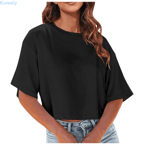Kureaily Women's Crew Neck Cropped T Shirts Short Sleeve Loose Shoulder Crop Tee Tops Soft Basic Tees