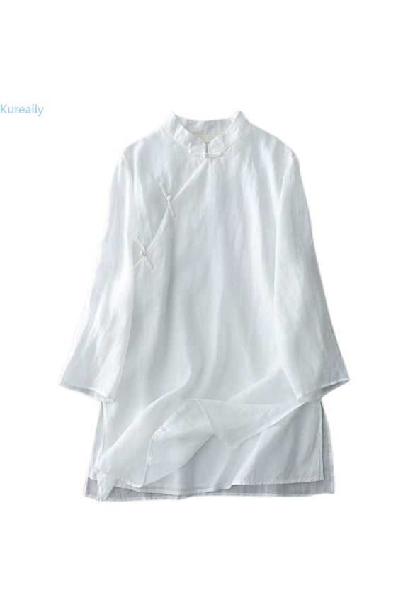 Women's Double Layered Literary Retro Placket Pan Button Thin Linen Three Quarter Sleeve Solid Color Midi Top Casual Summer Clothes