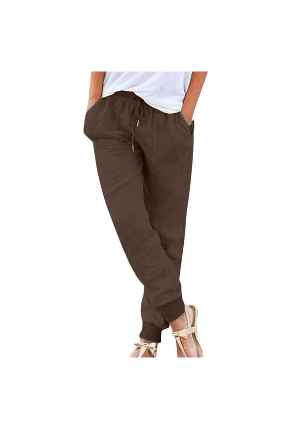 Women's Drawstring Elastic Knitted Waist Belted Pocketed Pants Women Stretchy Trousers