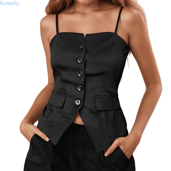 Kureaily Women's Elegant Strap Tank Top With Open Cardigan Solid Color Tank Tops